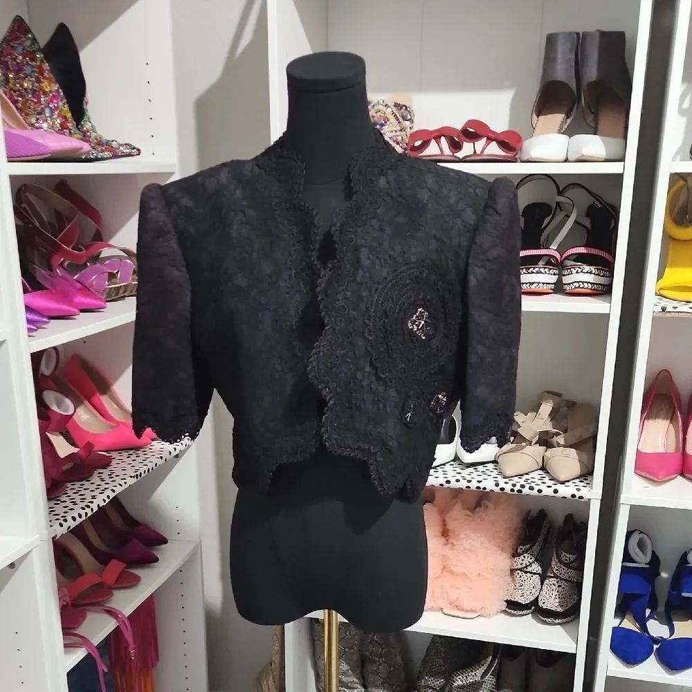 Black Boucle Blazer with Fringe and Open Front